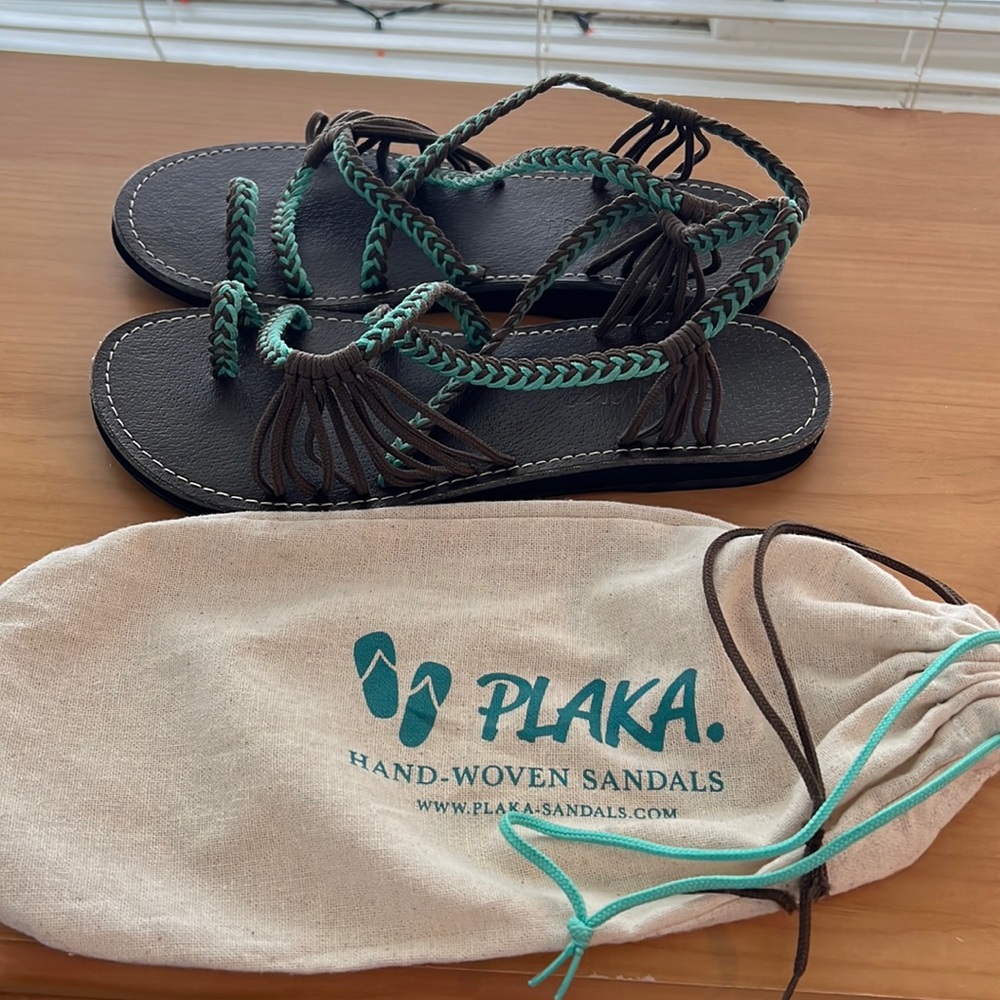 Plaka Palm Leaf Flat Women's Sandals | Turquoise Gray - Size 9